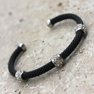Black Cable Cuff Bracelet with Crystal Accents in Silver